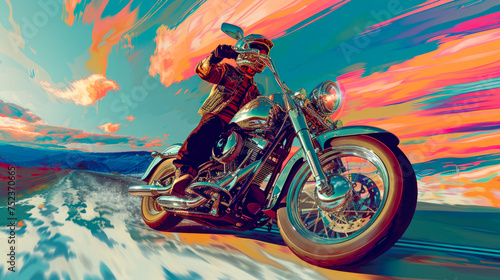 A dynamic image showcasing a man, a skilled motorbike rider, navigating the road with high speed around the enchanting hues of sunset