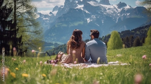 Romantic Alpine Picnic: Couple Admiring Scenic Dolomites Landscape