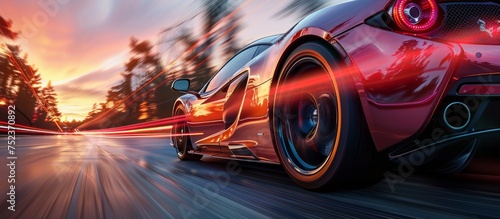 Rear view of red sports car overtaking at high speed, Car in fast motion. Motion blur background. photo
