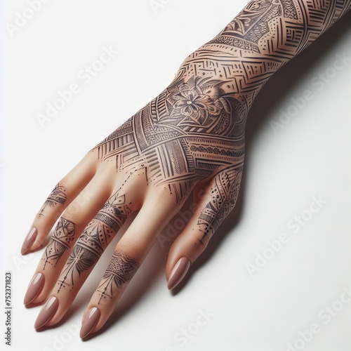 hand with henna painting isolated on white photo