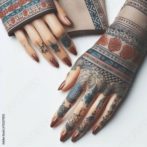 hand with henna painting isolated on white photo