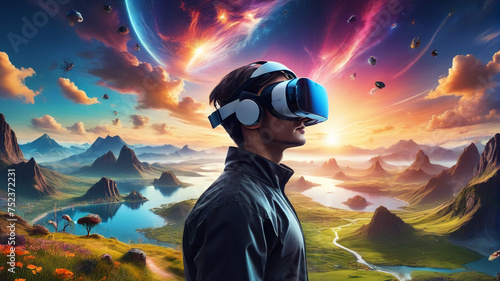A man in a virtual world, wearing a Google VR headset, generative AI