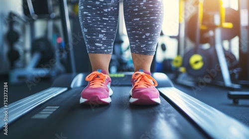 Close up legs of overweight woman stands in the gym preparing to play sports, the concept of an active life, taking care of the body 