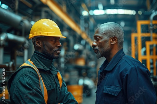 Two men, workers in a factory, engaged in a conversation as they stand amongst machinery.