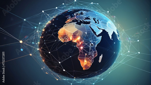 
Illustration depicting Earth connected by neural networks. Flow of technological information, generative AI