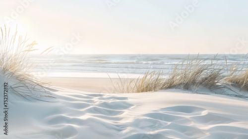 Sun-bleached beige and ocean mist, tranquil beach theme, soft sand dunes, misty sea air, relaxed coastal living, serene beachside tranquility, natural light simplicity, gentle oceanic palette