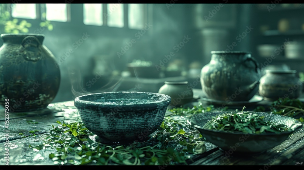 A pot of green tea on the table with a bowl of mint - obrazy, fototapety, plakaty 