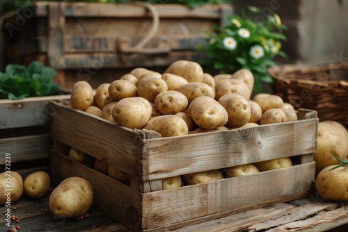A bountiful harvest of potatoes is casually piled in a rugged wooden crate in a storeroom, conjuring images of country life and sustainability © Vladan