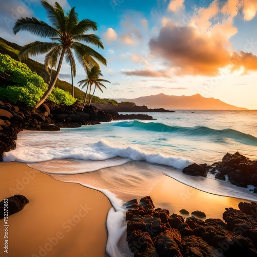 Beach in makena cove with palm tree and waves in south maui, hawaii. photo