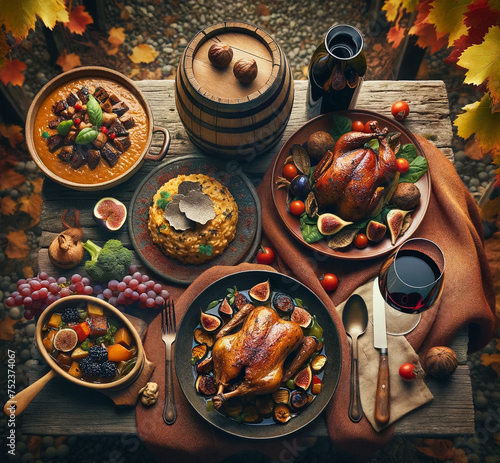 Top-down view of an autumn dinner in a vineyard, featuring roasted duck with fig sauce, truffle risotto, seasonal vegetables, and aged red wine, set on a rustic wooden table among grapevines