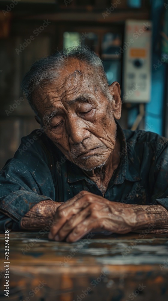 A dramatic portrait of an old man sitting at a table with his hands placed on his chest.