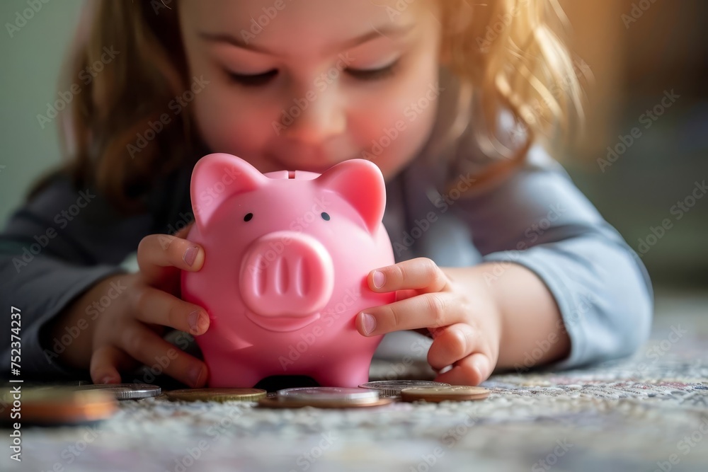 Child engaging in the practice of saving money using a vibrant pink piggy bank Illustrating the concept of financial responsibility and the beginnings of personal wealth management Child engaging in the practice of saving money using a vibrant pink piggy bank Illustrating the concept of financial responsibility and the beginnings of personal wealth management
