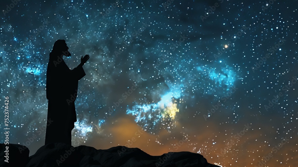 Silhouette of Jesus Christ guiding lost travelers under a starry night.