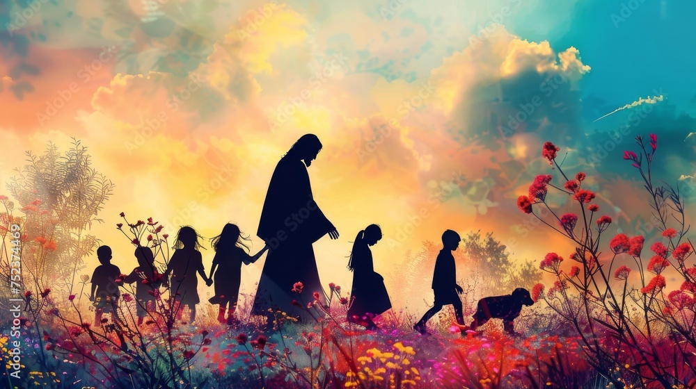 Silhouette of Jesus Christ guiding a group of children through a vibrant garden.