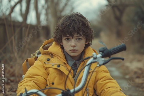 Solitary child with bicycle on an empty path in dull weather