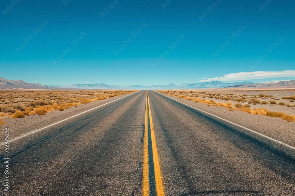 Desert road adventure Featuring an empty asphalt road stretching into the horizon under a clear sky Evoking freedom and exploration