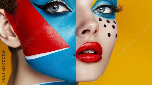 A striking close-up of a model with geometric makeup in bold red, white, and blue, with a vibrant yellow background.