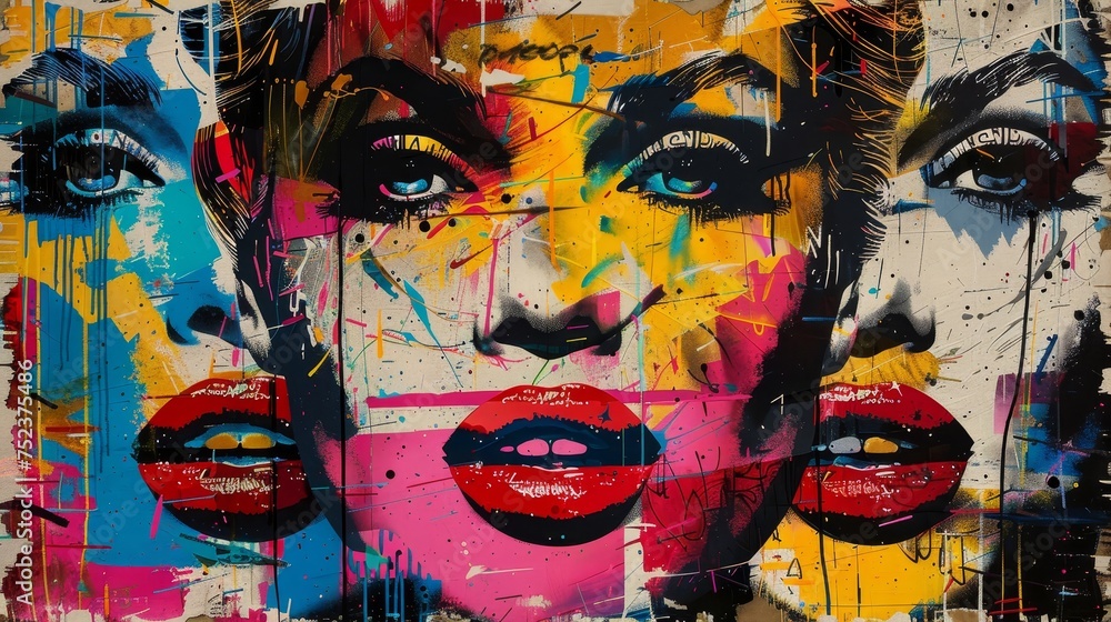 Vividly painted abstract female faces with dramatic eyes and red lips in a colorful graffiti style.