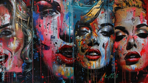 A series of abstract female portraits in graffiti style, with vibrant colors and emotive expressions.