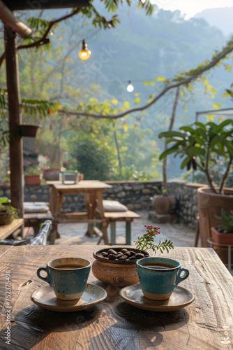 drinking from a mug in an outdoor coffee shop  in the style of mountainous vistas