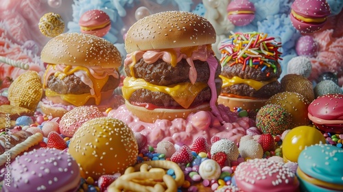 A dreamlike landscape filled with oversized burgers, assorted candies, and vibrant sweets, evoking a sense of whimsical indulgence.
