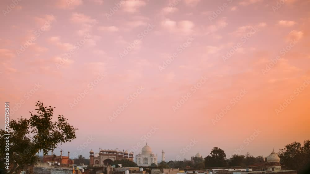 Taj Mahal in Agra, Uttar Pradesh, India. Seven 7 world wonders. Fabulous Taj mahal travel concept. indian islamic heritage at sunrise early morning time lapse time-lapse timelapse. nobody without Taj Mahal in Agra, Uttar Pradesh, India. Seven 7 world wonders. Fabulous Taj mahal travel concept. indian islamic heritage at sunrise early morning time lapse time-lapse timelapse. nobody without