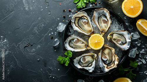 Fresh oysters with ice and green on the dark background, copy space for text 