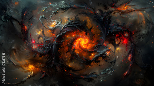 Artistic interpretation of a dark, swirling nebula with glowing, fiery elements resembling eyes in a cosmic setting. 
