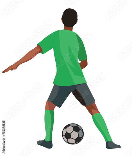 Young African football athlete in a green T-shirt stands with his back and catches the ball