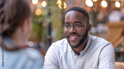 A young man engaging in a pleasant conversation at a cafe with bokeh light background.