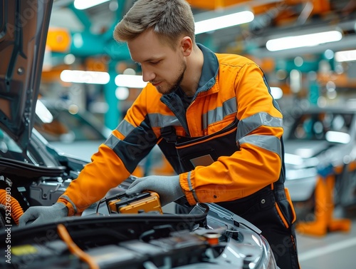 An automotive engineer in safety gear is meticulously diagnosing and testing electric car systems in a modern workshop.