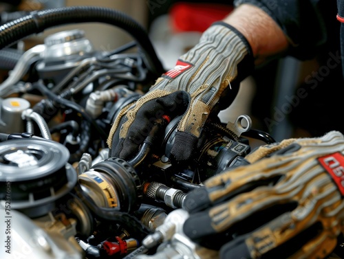 A skilled mechanic with protective gloves is servicing a car engine at a well-equipped auto repair shop.