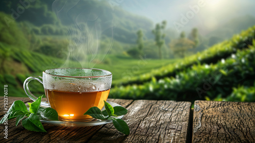 Tea in a transparent cup with green tea leaves on the wooden table on the background of plantations 
