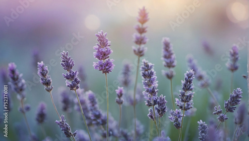 Soft lavender bokeh on a defocused sky blue background - an airy and serene abstract banner.