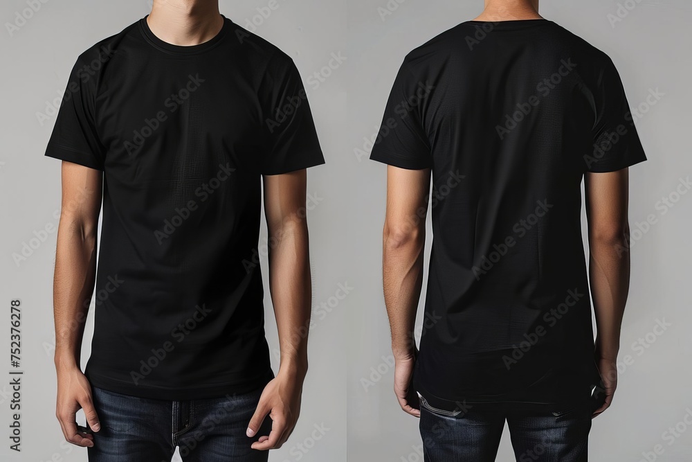 Front and back views of a man wearing a plain black half-sleeve t-shirt Providing a clear and versatile template for fashion design or apparel branding Front and back views of a man wearing a plain black half-sleeve t-shirt Providing a clear and versatile template for fashion design or apparel branding