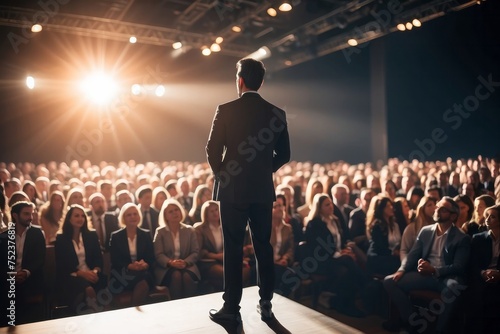 motivational speaker standing on stage in front of audience for motivation speech