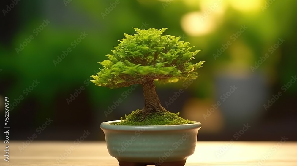 Bonsai tree in a pot on a wooden table with blurred background Bonsai tree in a pot on a wooden table with blurred background