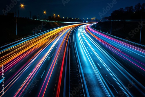 Long exposure photograph capturing the vibrant and dynamic movement of traffic on a highway at night Creating streaks of light that convey a sense of motion and urban life