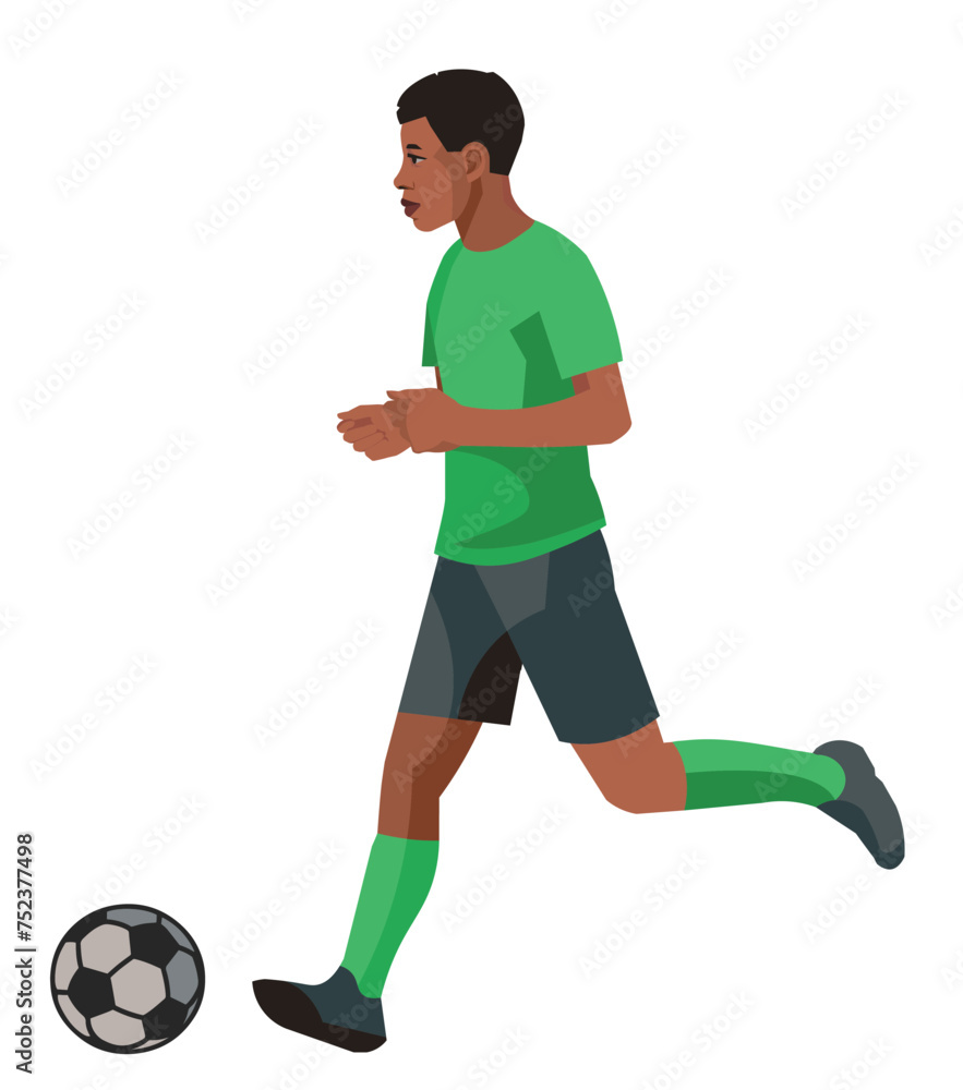 African teenager football player in green sports equipment in profile runs after the ball