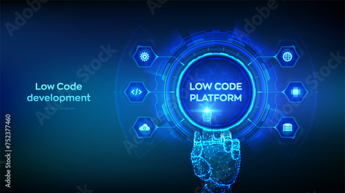 Low code platform and No Code development technology concept. LCDP and NCDP - software development using graphical interfaces. Wireframe hand touching digital interface. Vector illustration.