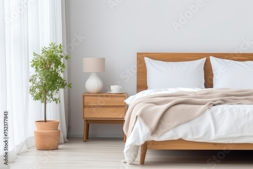 Wooden drawer chest against window White nightstand near wooden bed Minimalist boho interior design of modern bedroom