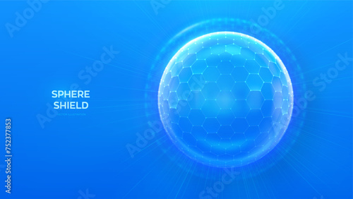 Glass transparent protection sphere shield. Sphere shield with hexagon pattern on blue background. Bubble shield in the form of a force energy field. Protection and safety concept. Vector illustration