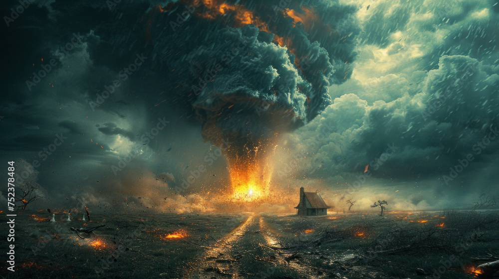 Tornado forming destruction over a populated landscape with a house on ...