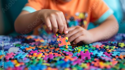 Close-up of a child s hands assembling a bright puzzle. A child with autism puts together a bright colored puzzle. World Autism Awareness Day