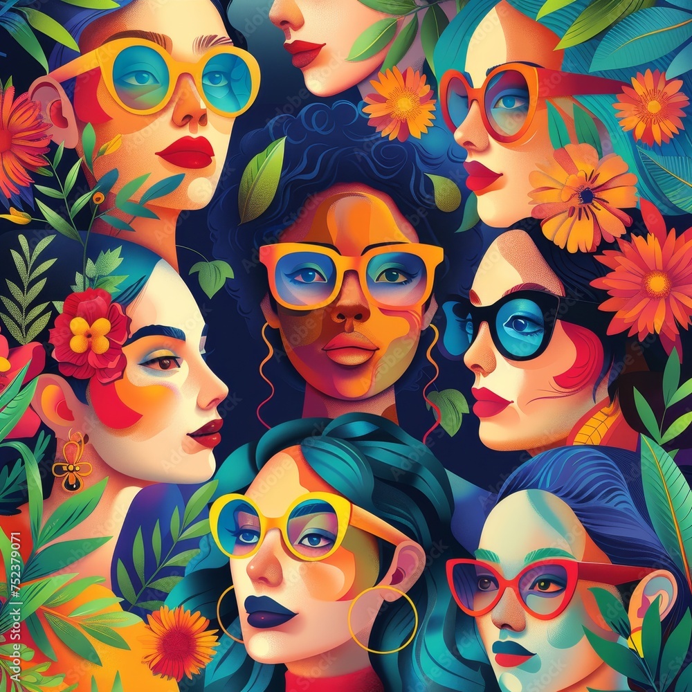Artistic illustration showing a montage of diverse women's faces with stylish glasses, surrounded by lush floral elements, vibrant and expressive.