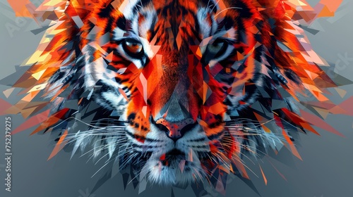 Digital art of a tiger's face with a modern abstract geometric design, combining vivid colors and sharp angles.