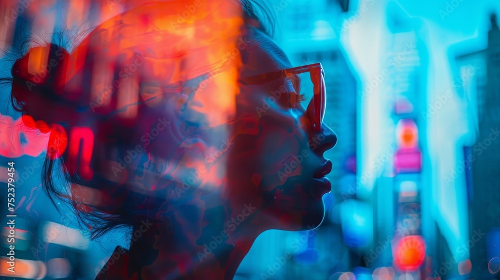Double exposure profile of a woman silhouetted against the backdrop of ...