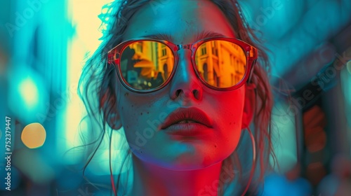 Close-up portrait of a woman with reflective sunglasses, showcasing vibrant neon lights and urban reflections in a cinematic atmosphere.
