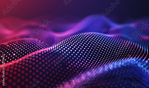 Digital Wave Grid Landscape.
Vibrant digital landscape with undulating grid of dots creating a wave effect in neon blue and pink hues, depicting modern tech and data flow.