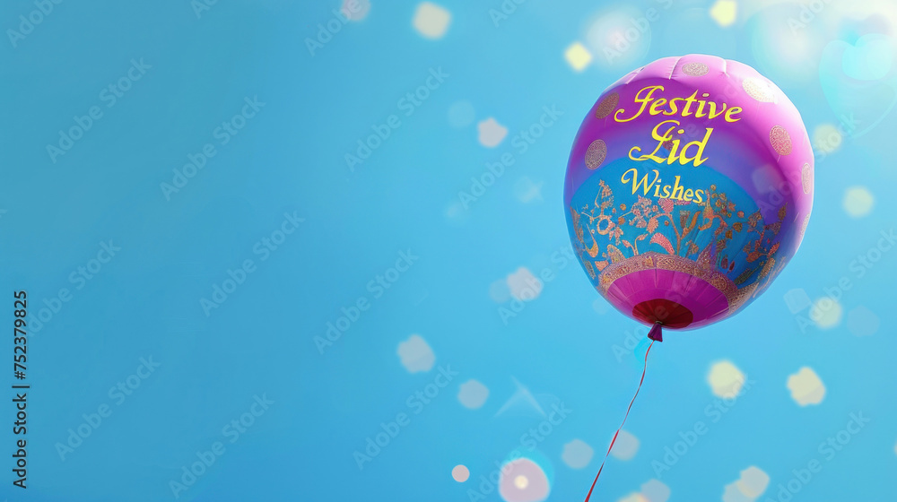 A vibrant Eid al-Fitr balloon floating against a blue sky with sunlight flares could be used for an Eid greeting card or as a festive background.